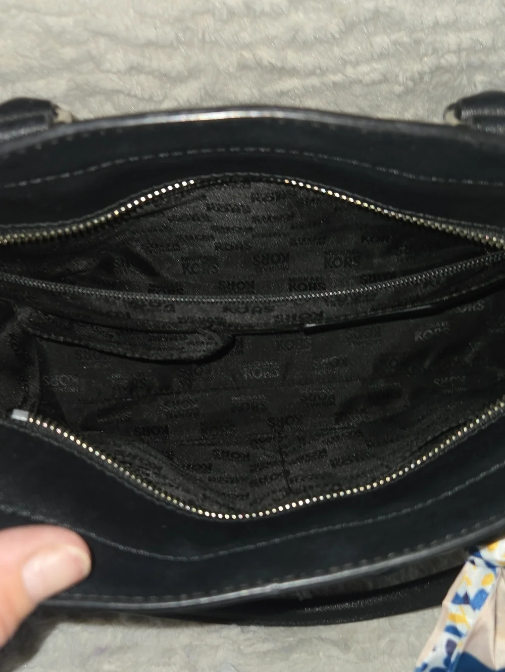 Michael Kors Black Saffiano Leather Satchel with Blue Floral Scarf EUC